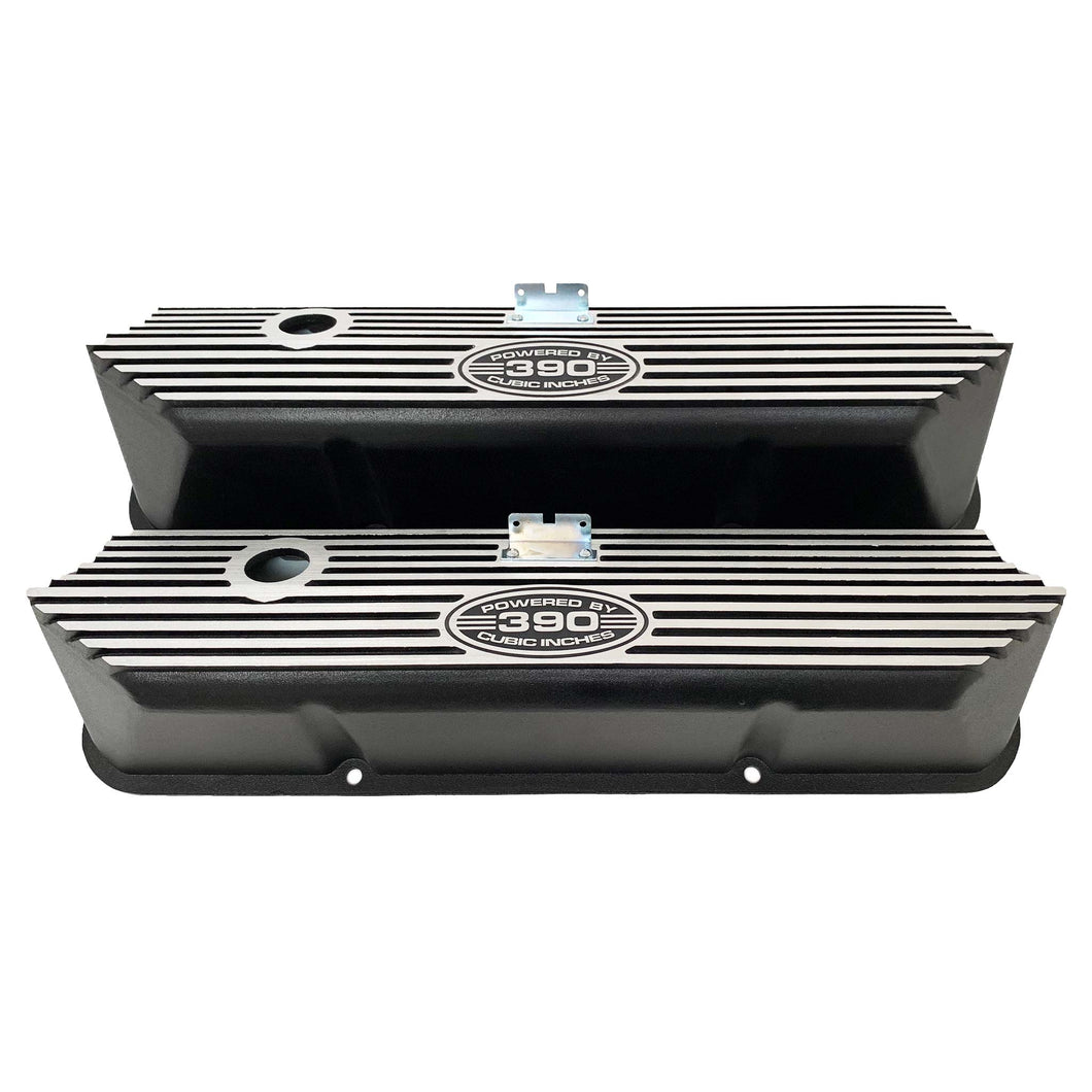 Ford FE 390 Valve Covers Tall - POWERED BY 390 CUBIC INCHES - Style 2 - Black