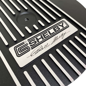 ansen custom engraving, ford carroll shelby signature air cleaner lid, black, close up view