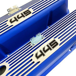 ansen custom engraving, ford fe 445 valve covers, tall, finned, blue, close up view