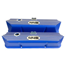 Load image into Gallery viewer, ansen custom engraving, ford fe 445 valve covers, tall, finned, blue, front view