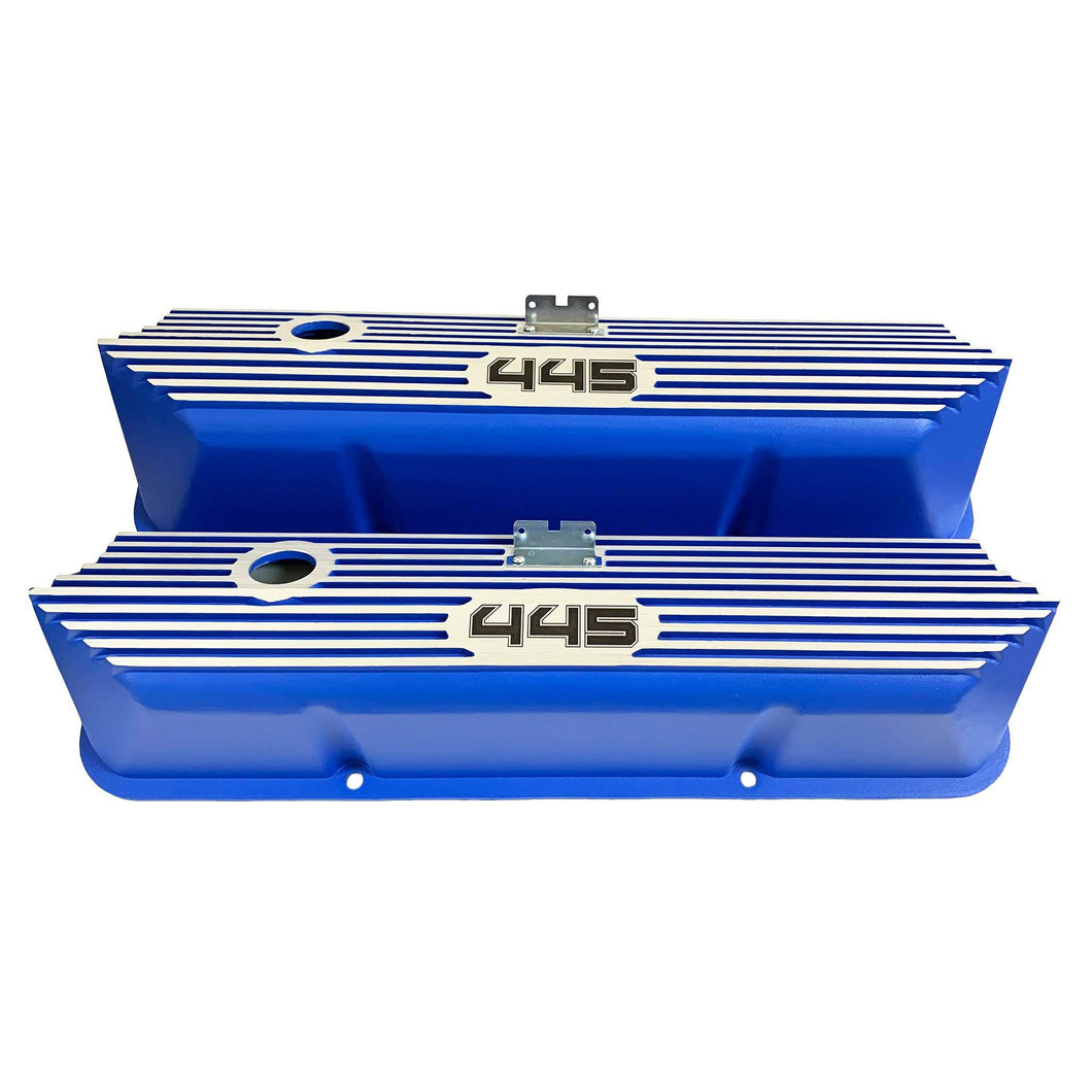 ansen custom engraving, ford fe 445 valve covers, tall, finned, blue, front view