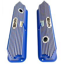 Load image into Gallery viewer, ansen custom engraving, ford fe 445 valve covers, tall, finned, blue, top view