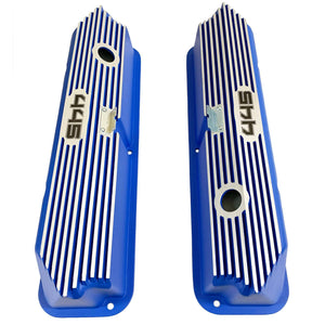 ansen custom engraving, ford fe 445 valve covers, tall, finned, blue, top view