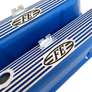 ford fe logo all fins valve covers, blue, ansen usa, close up view