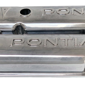 ansen valve covers, pontiac, raised letter logo, polished finish, close up view