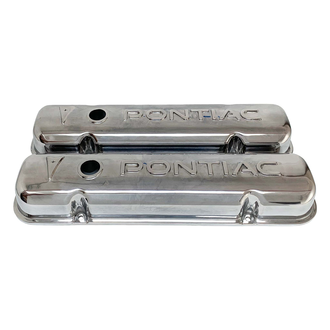 ansen valve covers, pontiac, raised letter logo, polished finish, front view