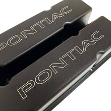 Load image into Gallery viewer, ansen custom engraving, pontiac valve covers, small block chevy head, tall, black, angled view