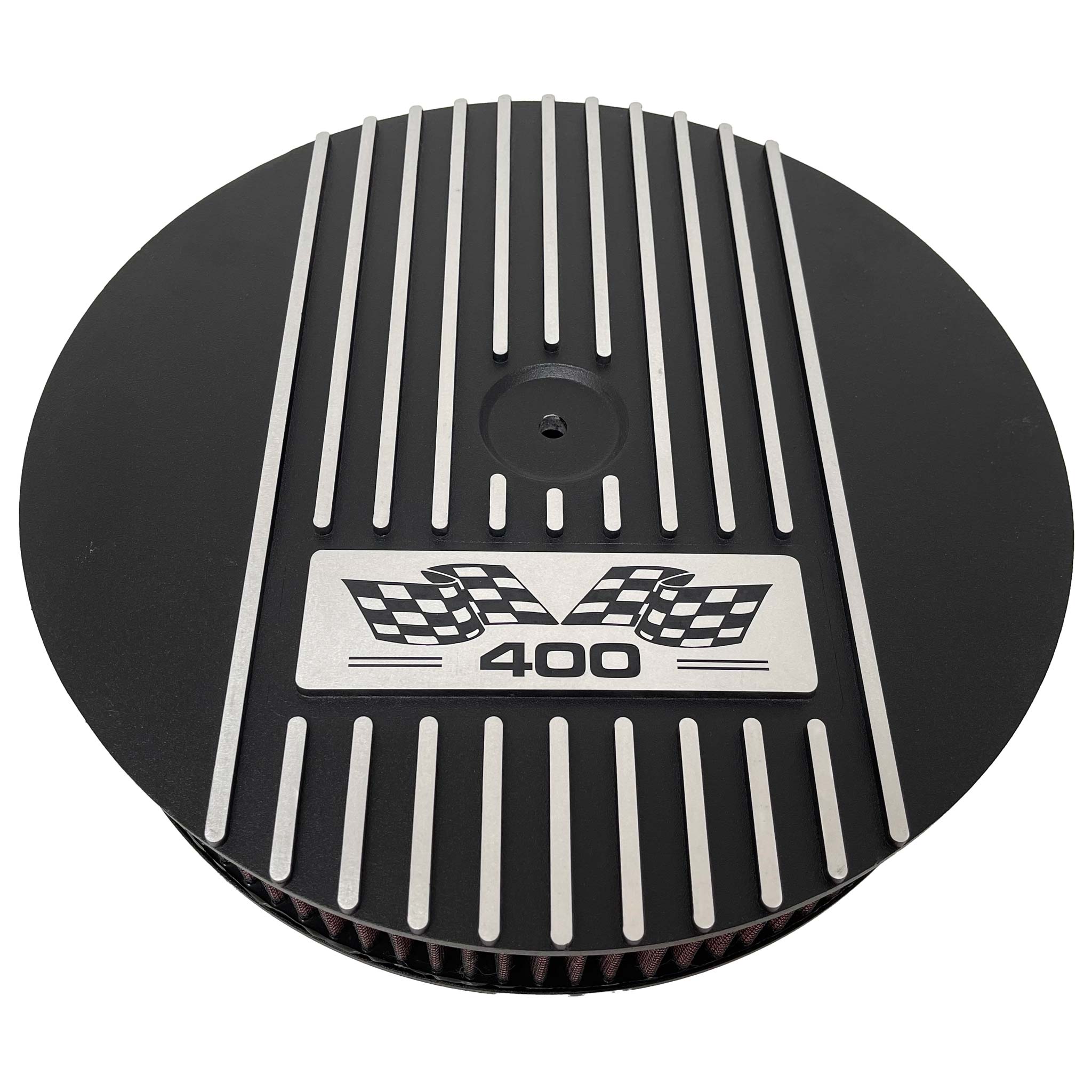 Small Block Chevy 400 Flag Logo - 13 Round Air Cleaner Lid Kit - Black
