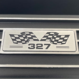 Small Block Chevy 327 Valve Covers, Flag Logo, Finned - Black