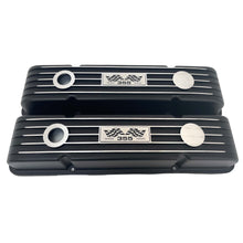 Load image into Gallery viewer, Small Block Chevy 355 Valve Covers, Flag Logo, Finned - Black