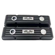 Load image into Gallery viewer, Small Block Chevy 383 Valve Covers, Flag Logo, Finned - Black
