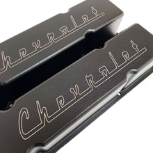 Load image into Gallery viewer, small block chevy valve covers, classic chevrolet logo, ansen usa, black, close up view