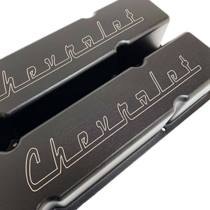 small block chevy valve covers, classic chevrolet logo, ansen usa, black, close up view