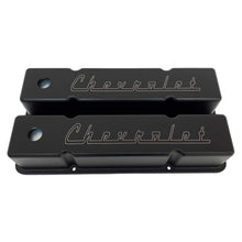 Load image into Gallery viewer, small block chevy valve covers, classic chevrolet logo, ansen usa, black, front view