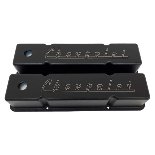 small block chevy valve covers, classic chevrolet logo, ansen usa, black, front view