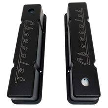 Load image into Gallery viewer, small block chevy valve covers, classic chevrolet logo, ansen usa, black, top view