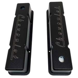 small block chevy valve covers, classic chevrolet logo, ansen usa, black, top view