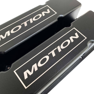 ansen custom engraving, small block chevy motion valve covers, tall, black, close up view