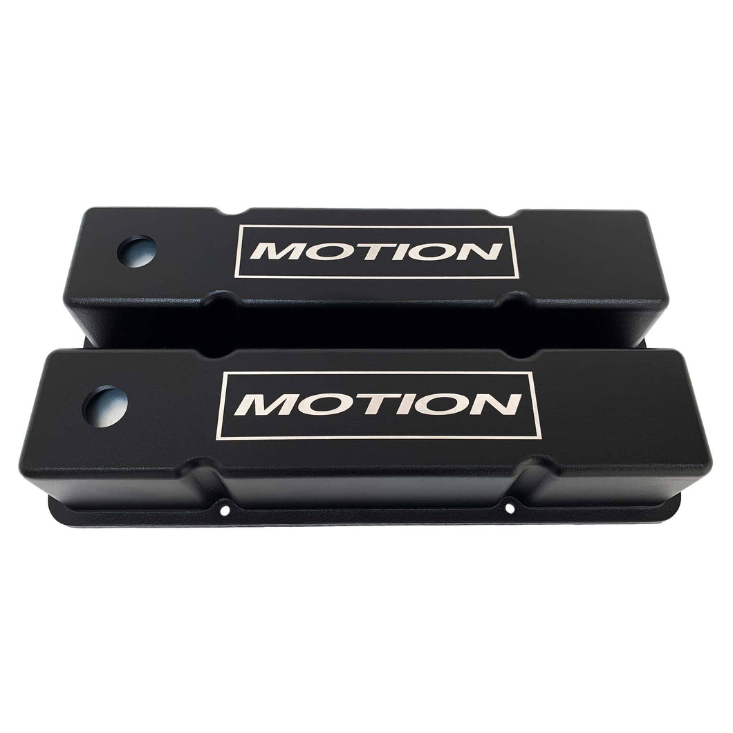 ansen custom engraving, small block chevy motion valve covers, tall, black, front view
